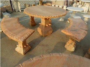 Garden Stone Furniture Round Table With 4 People Seats Engraving Bench Customized