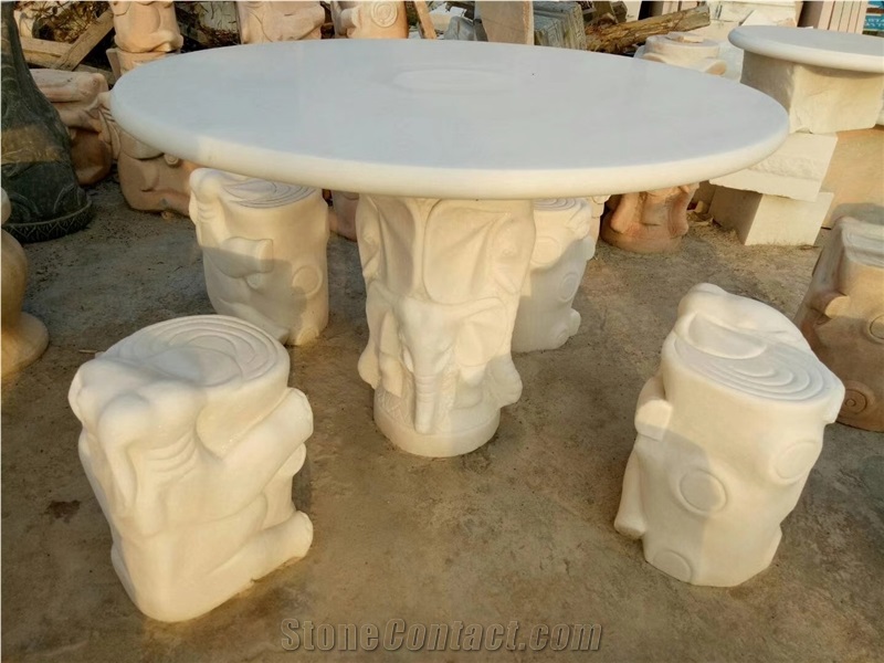 Garden Stone Furniture Round Table With 4 People Seats Engraving Bench Customized