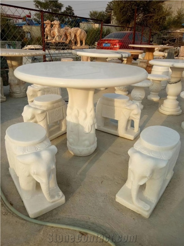 Garden Stone Furniture Round Table With 4 People Seats Engraving Bench Customized