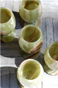 Green Onyx Wine Cups With Tray, Natural Stone Kitchen Accessories