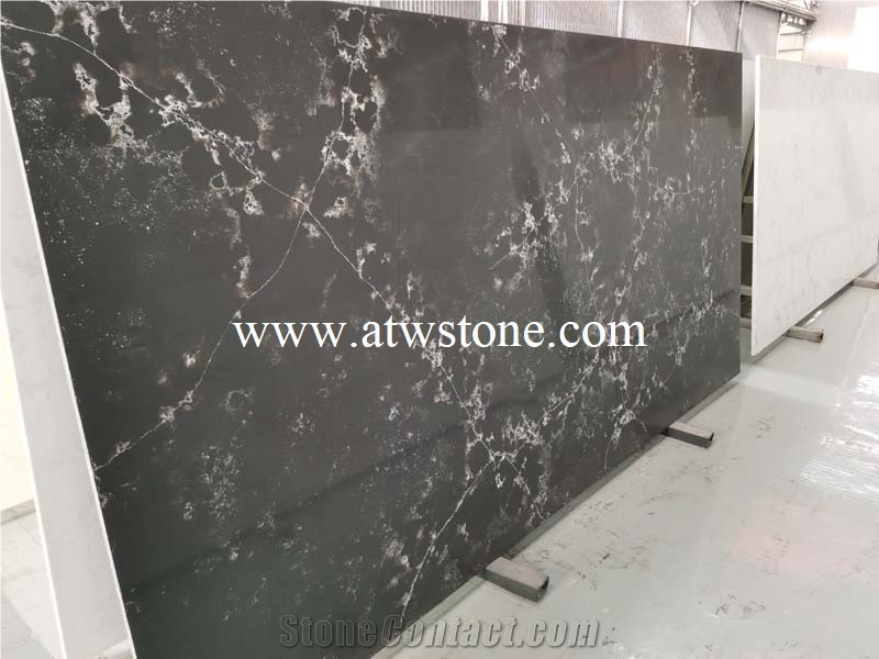 Black Flower Quartz Stone Slabs, Black Quartz Slabs