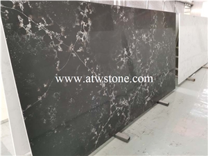 Black Flower Quartz Stone Slabs, Black Quartz Slabs