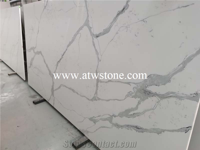 White Marble Look Calacatta Quartz Slabs, White Quartz Slabs