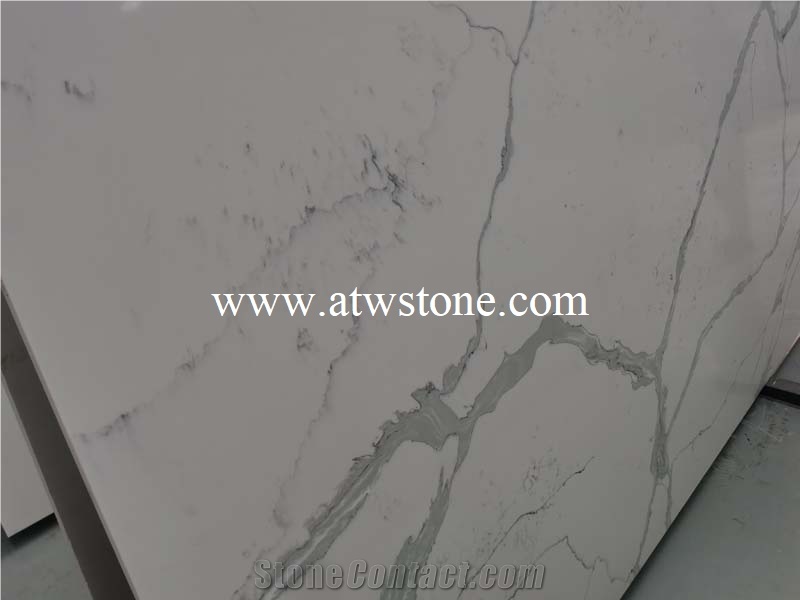 White Marble Look Calacatta Quartz Slabs, White Quartz Slabs