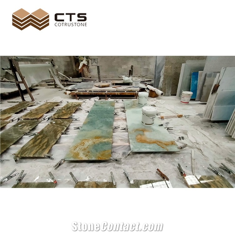 Feature Custom Table Tops Onyx Stone Thick Glass Protection