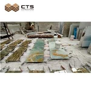 Feature Custom Table Tops Onyx Stone Thick Glass Protection