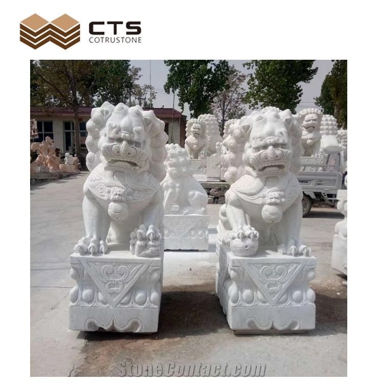 Traditional Animal Lion Sculptured Marble Guardian Statue