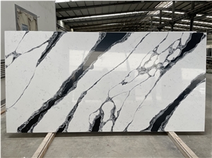 Polish Panda White Black Calacatta Artificial Quartz Slab