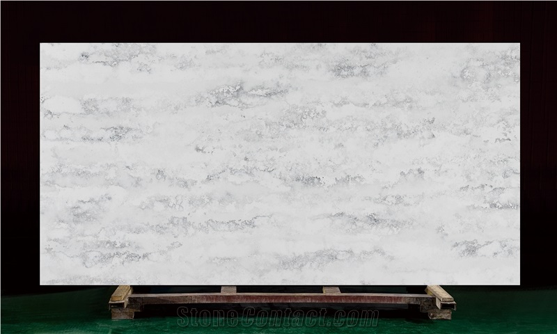 Polished Quartz Slab Beige White Vein Artificial Stone