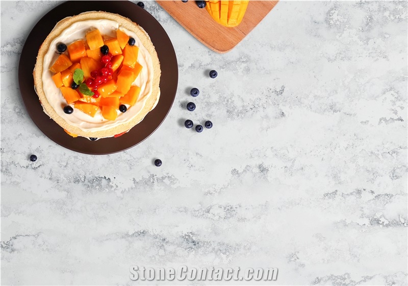 Polished Quartz Slab Beige White Vein Artificial Stone
