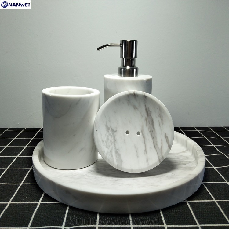 Bianco Carrara Marble Soap Dish Dispenser Toothbrush Holder