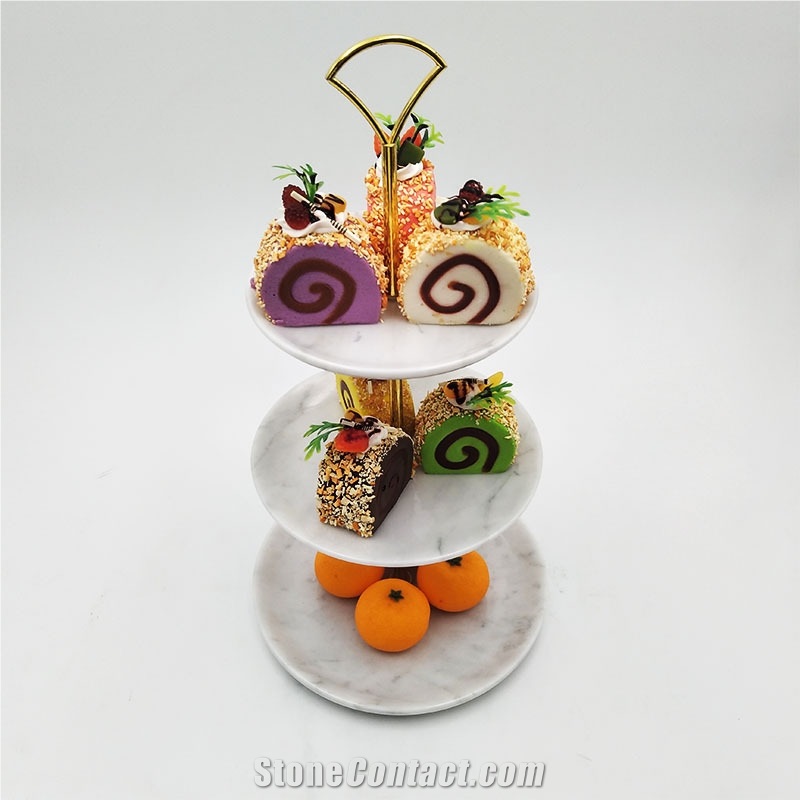 Carrara White Marble Three-Layer Fruit Plate Cake Snack Tray