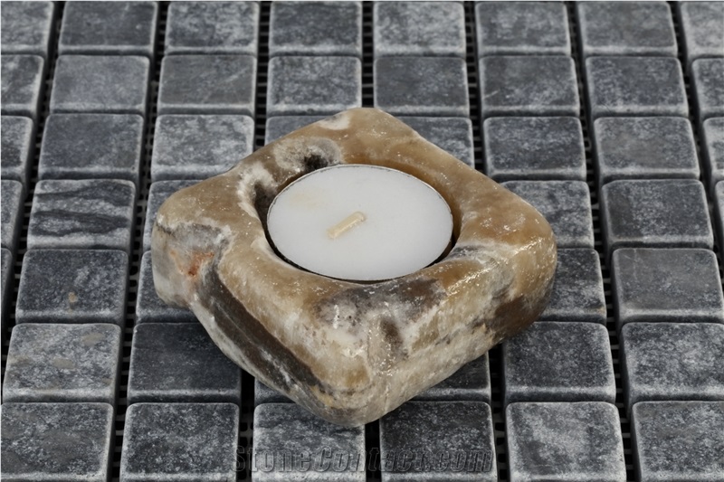 Silver Traonyx Travertine 6X6x3cm Tealight Holder