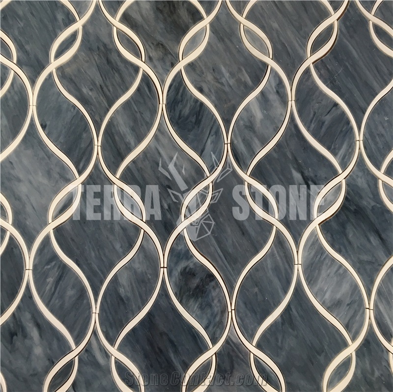 Waterjet Blue Glass With White Marble Ribbon Mosaic Tile