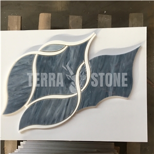 Waterjet Blue Glass With White Marble Ribbon Mosaic Tile