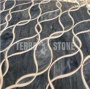 Waterjet Blue Glass With White Marble Ribbon Mosaic Tile