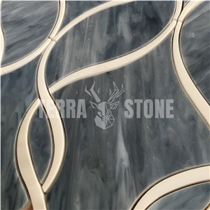 Waterjet Blue Glass With White Marble Ribbon Mosaic Tile