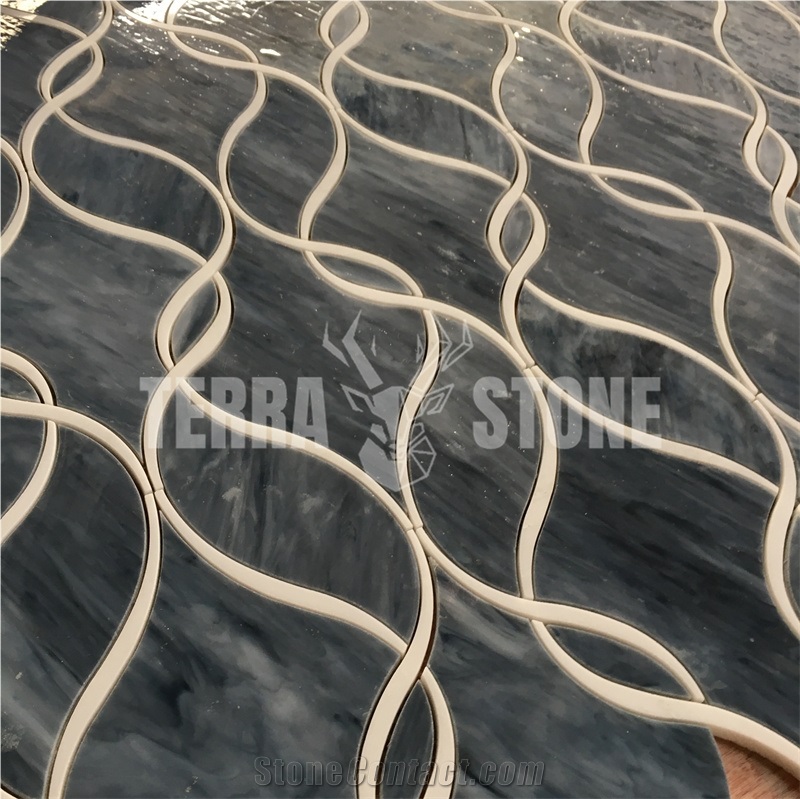 Waterjet Blue Glass With White Marble Ribbon Mosaic Tile