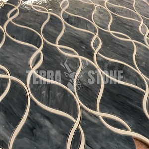 Waterjet Blue Glass With White Marble Ribbon Mosaic Tile