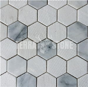 Bianco Carrara White Marble Hexagon Grooved Finish Mosaic