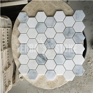 Bianco Carrara White Marble Hexagon Grooved Finish Mosaic