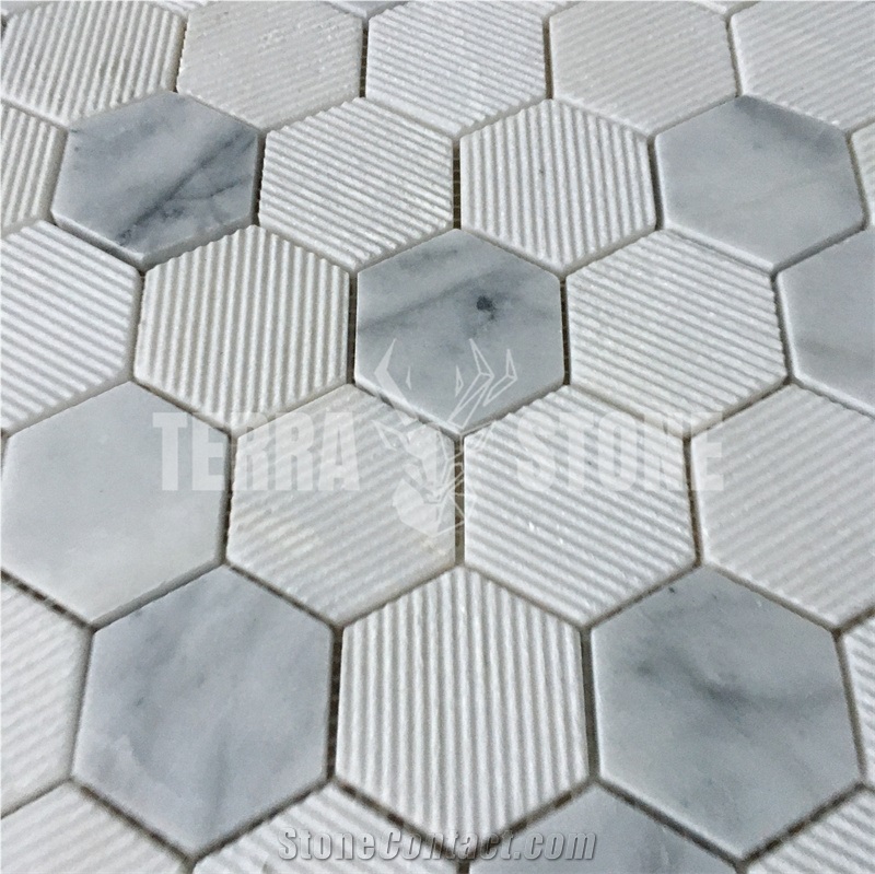 Bianco Carrara White Marble Hexagon Grooved Finish Mosaic