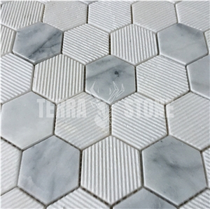 Bianco Carrara White Marble Hexagon Grooved Finish Mosaic