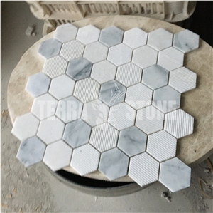 Bianco Carrara White Marble Hexagon Grooved Finish Mosaic