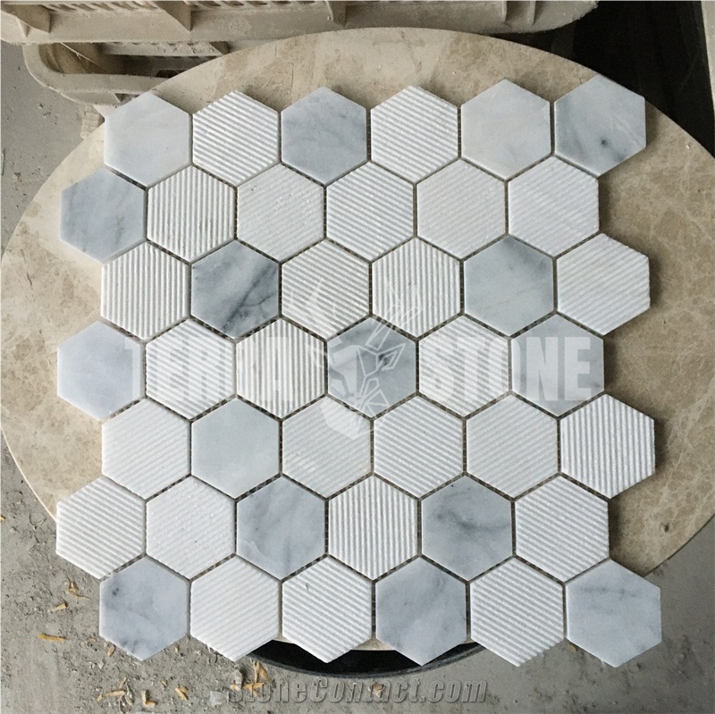 Bianco Carrara White Marble Hexagon Grooved Finish Mosaic
