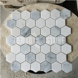 Bianco Carrara White Marble Hexagon Grooved Finish Mosaic