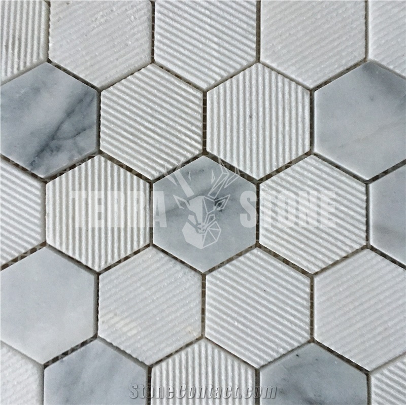 Bianco Carrara White Marble Hexagon Grooved Finish Mosaic