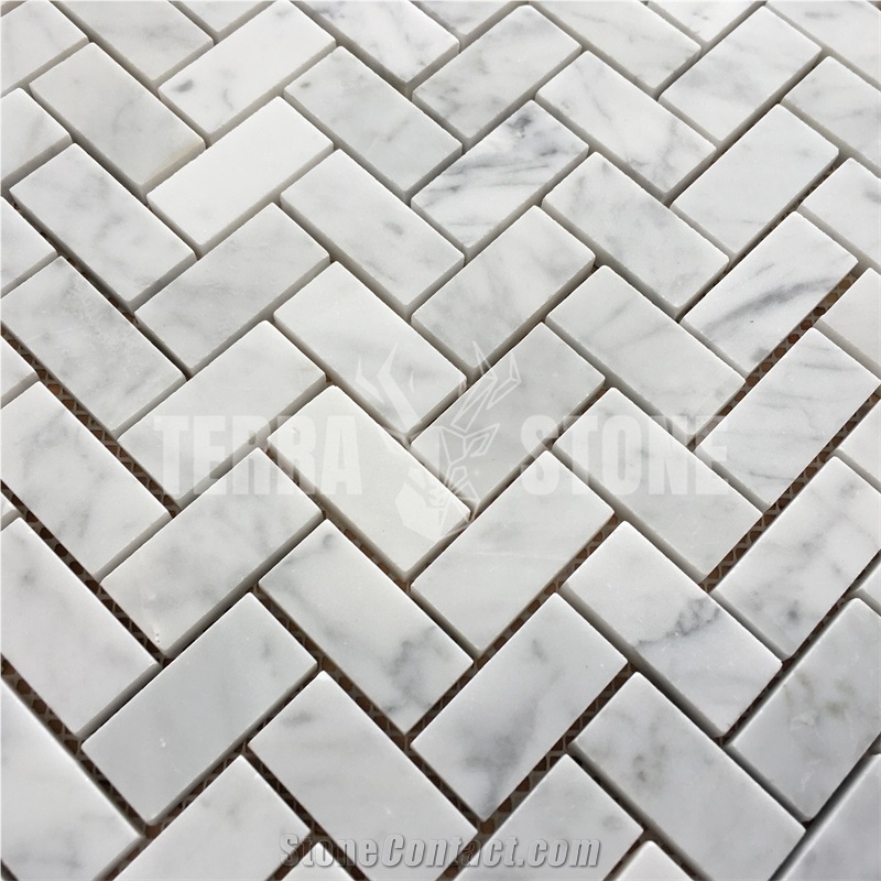 Bianco Carrara White Mosaic Marble 1X2 Herringbone Tile