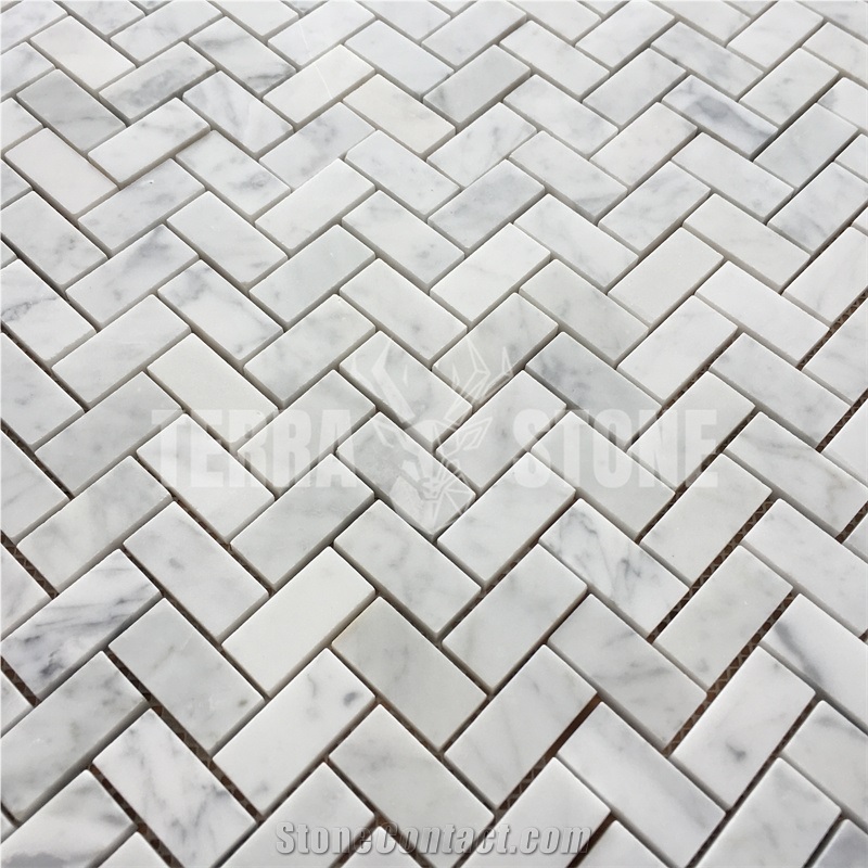 Bianco Carrara White Mosaic Marble 1X2 Herringbone Tile