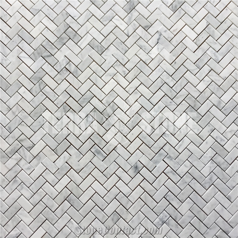 Bianco Carrara White Mosaic Marble 1X2 Herringbone Tile