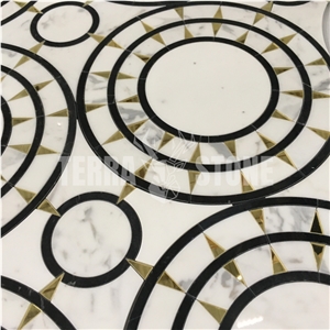 Black White Marble With Gold Glass Round Waterjet Mosaic