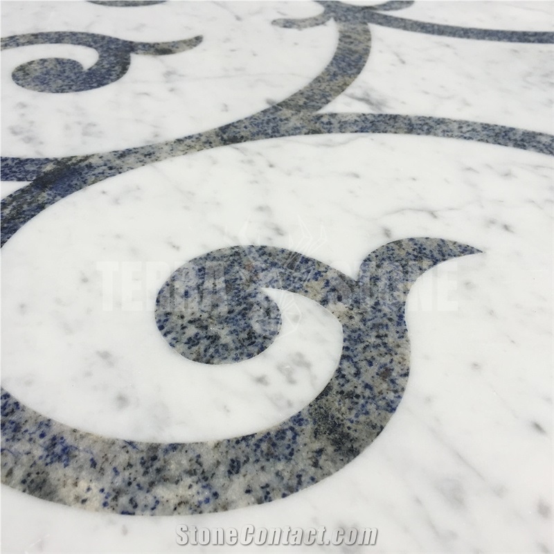 Carrara White And Blue Marble Waterjet Medallion Round