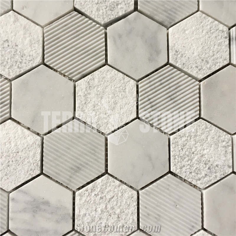 Multi Surfaces Hexagon Carrara White Marble Mosaic