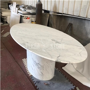 Statuario White Marble Table Tops Stone Furniture Oval Shape