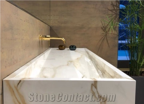Calacata Borghini Sintered Stone Bathroom Vanity Top, Sink