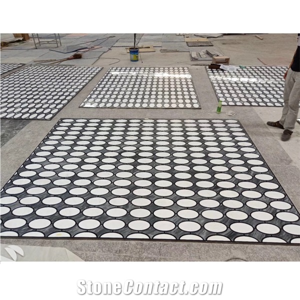 Black And White Marble Waterjet Medallion Mosaic Tile Floors