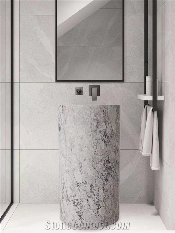 Custom Temple Grey Marble Stone Pedestal Wash Basin