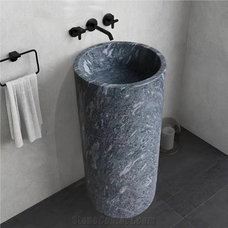 Freestanding Jazz Grey Marble Hand Carved  Pedestal Basin