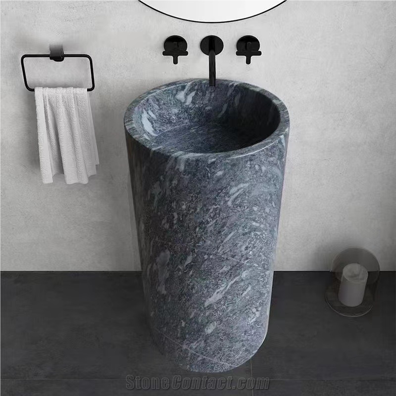 Freestanding Jazz Grey Marble Hand Carved  Pedestal Basin