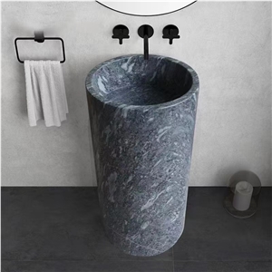 Freestanding Jazz Grey Marble Hand Carved  Pedestal Basin