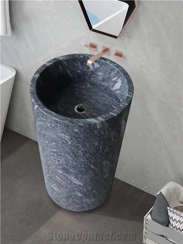 Freestanding Jazz Grey Marble Hand Carved  Pedestal Basin