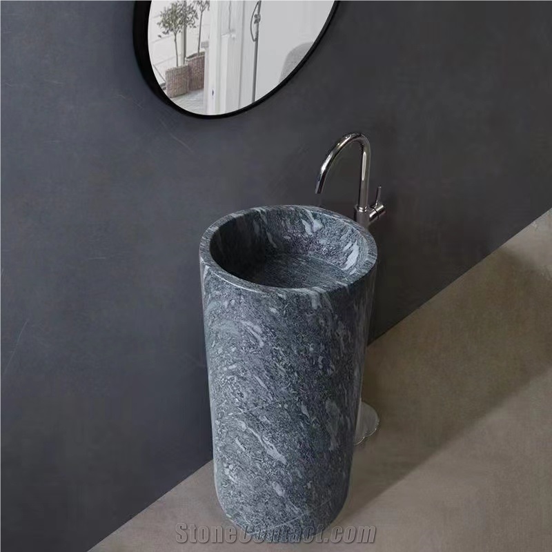 Freestanding Jazz Grey Marble Hand Carved  Pedestal Basin