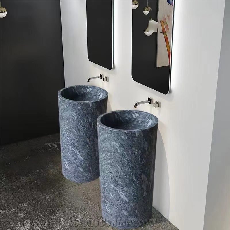 Freestanding Jazz Grey Marble Hand Carved  Pedestal Basin