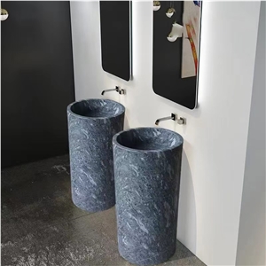 Freestanding Jazz Grey Marble Hand Carved  Pedestal Basin