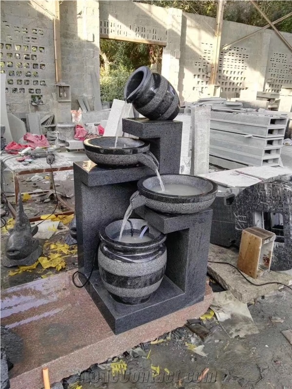 Hand Carved  Black Limestone Fountain For Garden