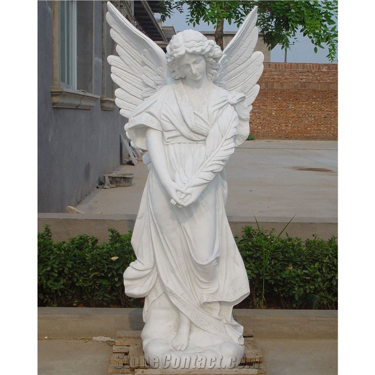 Natural Marble Stone Standing Girl With Cross Sculpture